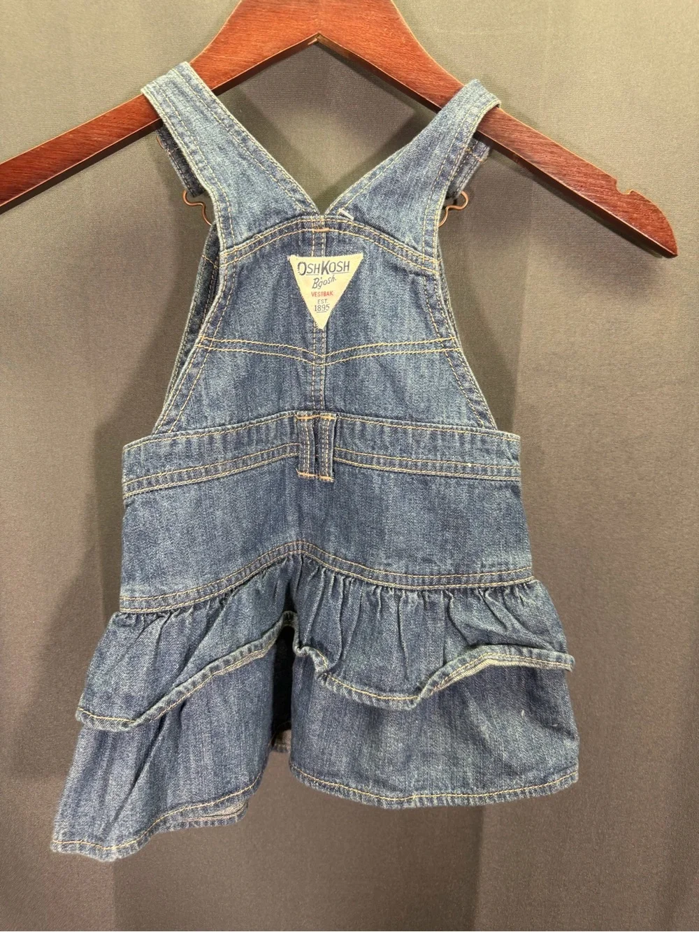 Girl's OSHKOSH Denim Ruffle Dress Overall Jumper Vestbak~Embroidery Flowers 24 m